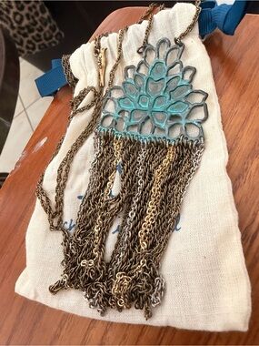 Turquoise and Antiqued Verde Gold Fringe Pendant Necklace